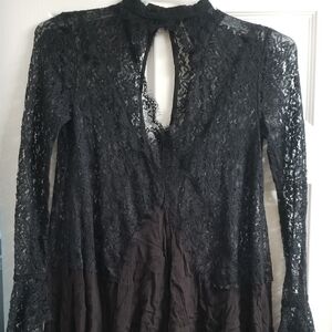 Free people black lace long sleeve mini dress